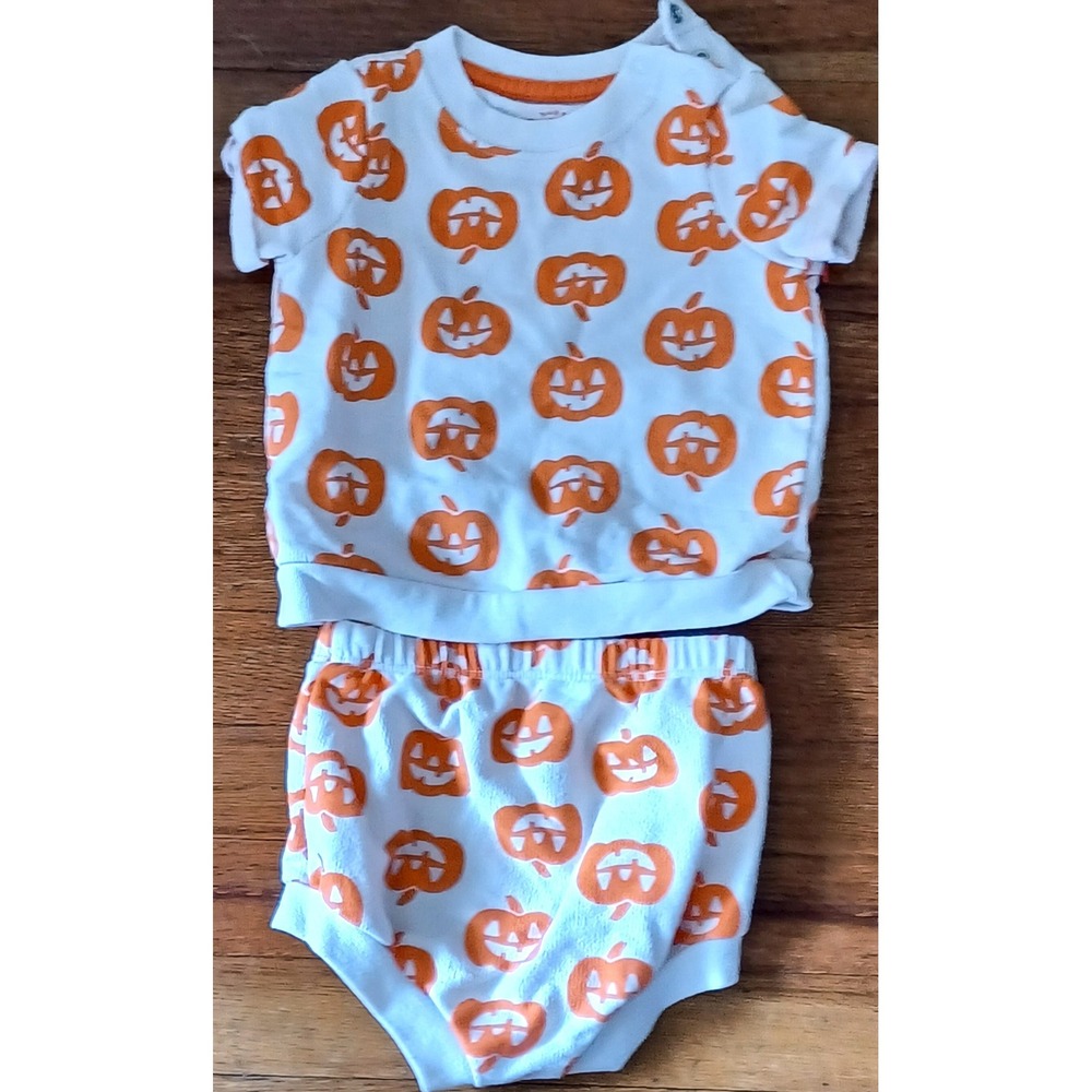Cat & Jack Pumpkin Outfit Set Baby 3-6M White Orange Jack-O-Lantern Terry Fall